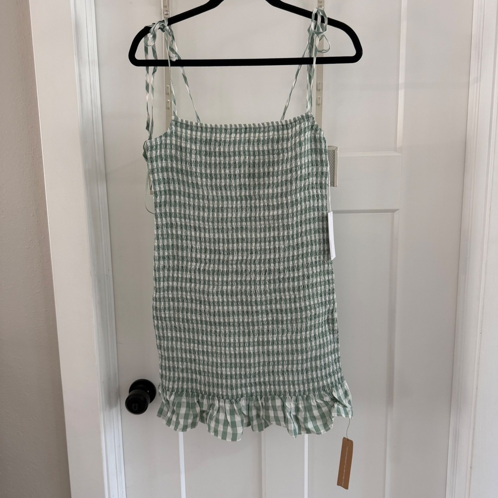 Reformation Gemini Dress Green Gingham Smocked Tie Strap Mini Dress Large NEW